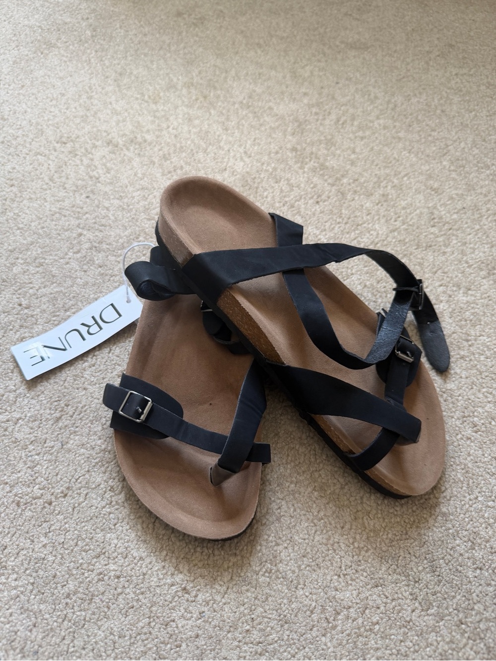 DRUNE Women’s Black Strappy Sandals Size 41 Cork Footbed Ankle Strap